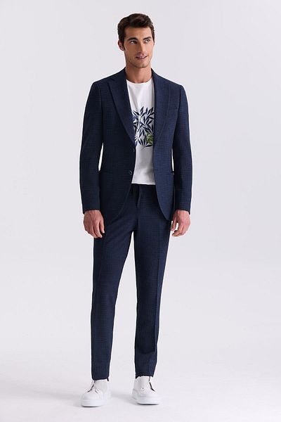 Jakamen Navy Blue Slim Fit Mono Collar Patterned Sports Suit
