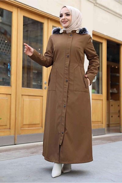 TRENDTESETTÜR Γυναικείο Καφέ (CAMEL) Μανδύα με κουκούλα πλήρους μήκους 0473