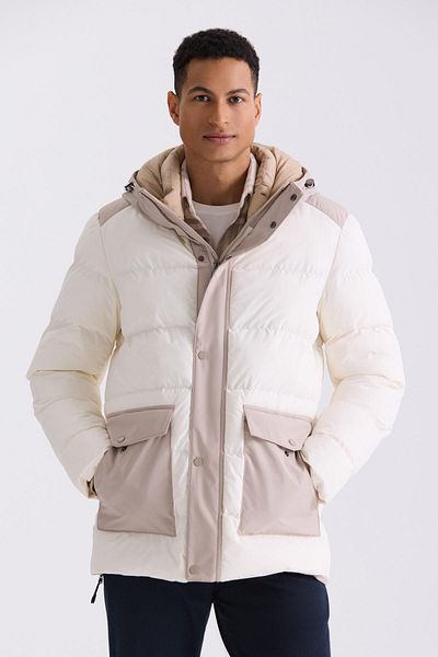 Jakamen Ecru Comfort Fit Πουφερ Παλτό με Κουκούλα και Τσέπες