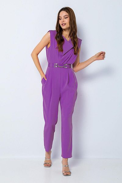 Green & Country Lilac Degaje Collar Padded Shoulder Belt Carrot Leg Jumpsuit