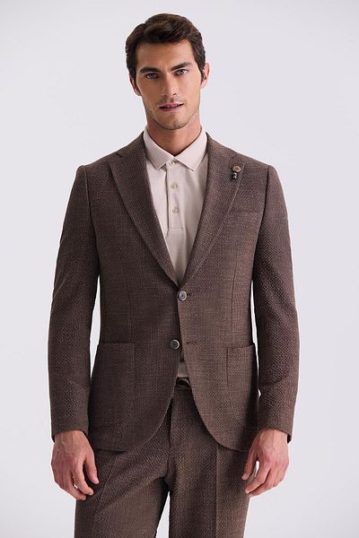 Jakamen Brown Slim Fit Mono Collar Patterned Sports Suit