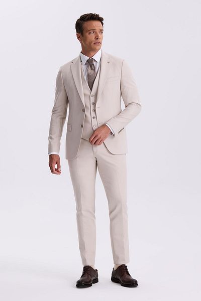 Jakamen Beige Slim Fit Mono Collar Double Slit Vest Suit