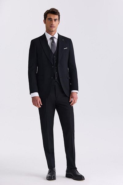 Jakamen Black Slim Fit Pointed Collar Vest Bamboo Suit