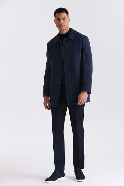 Jakamen Μάλλινο παλτό Navy Blue Classic Fit με γιακά Berber με μοτίβο