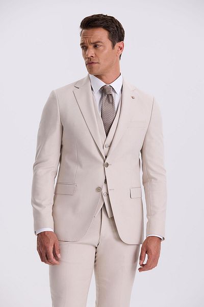 Jakamen Beige Slim Fit Mono Collar Double Slit Vest Suit