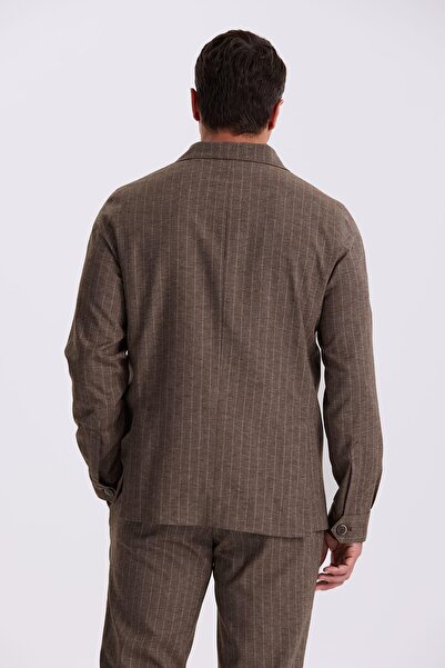 Jakamen Brown Slim Fit Apache Collar Linen Blended Double Slit Striped Suit