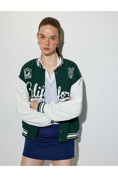 Koton Jachetă de colegiu oversize cu guler bomber imprimat cu nasturi cu apăsare