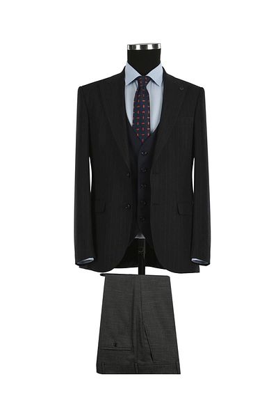 Jakamen Navy Blue Slim Fit Pointed Collar Striped Combination Vest Suit