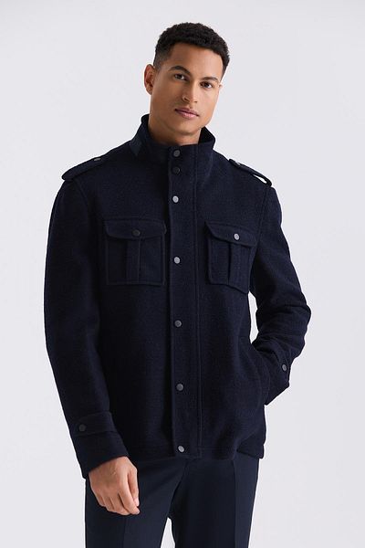 Jakamen Тъмносиньо-2 Slim Fit Кашмирено палто с Еполета и Шарка