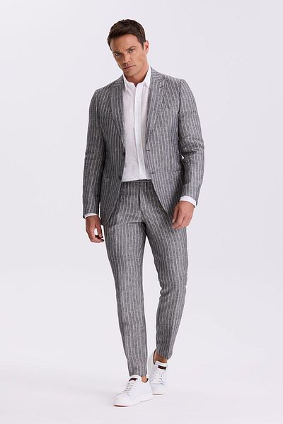 Jakamen Black Slim Fit Swallow Collar Double Slit 100% Linen Sports Suit