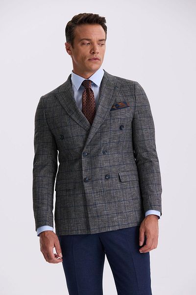 Jakamen Dark Navy Slim Fit Swallow Collar Checked Combination Double Breasted Suit