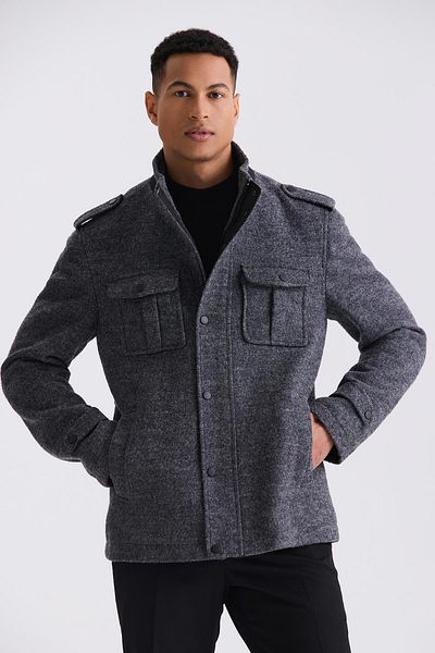 Jakamen Anthracite Slim Fit Judge Collar Epaulette Patterned Sports Stamp Coat
