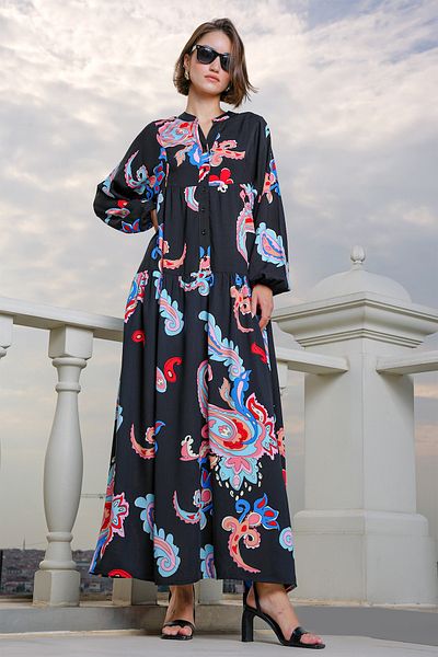 Bigdart 2423 Authentic Patterned Dress - Black - Pink