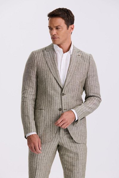 Jakamen Khaki Slim Fit Swallow Collar Double Slit 100% Linen Sports Suit