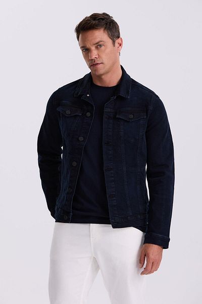 Jakamen Тъмносиньо дънково яке Slim Fit с яка Питър Пан и памучни джобове