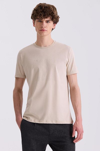 Jakamen Μπεζ Slim Fit T-Shirt με Στρογγυλή Λαιμόκοψη