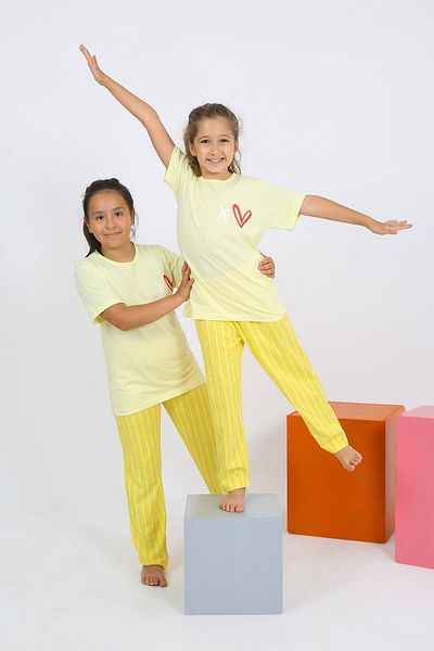 Akbeniz Short Sleeve Yellow Combed Cotton Girl's Pajama Set - 20432