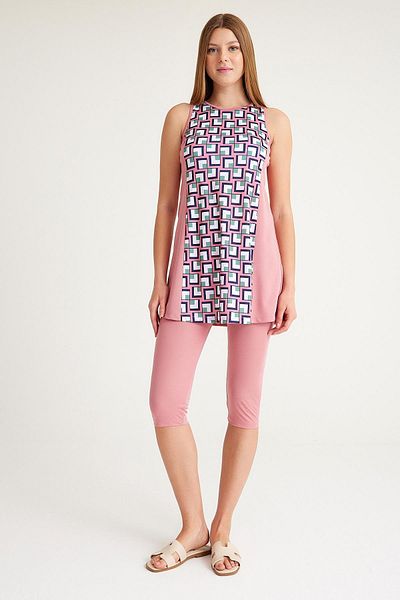 Signature Style 2243 Model Pink Geometric Printed Lycra Lined Sea and Pool Swimsuit - Hanging