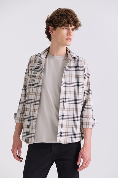 Jakamen Μπεζ Slim Fit πουκάμισο με κουμπιά με καρό
