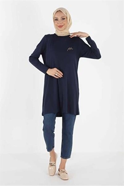 Plistre 1451 Model Navy Blue Embroidered Basic Hijab Tunik