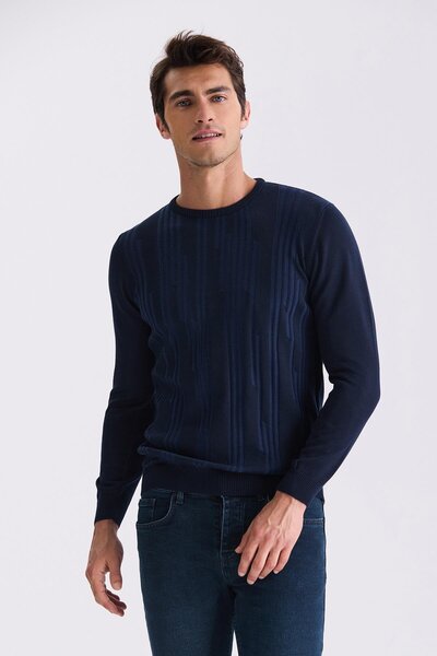 Jakamen Indigo Slim Fit Crew Neck Patterned Knitwear Sweater