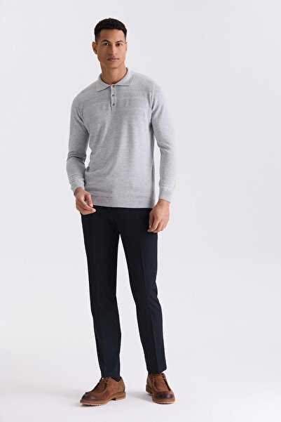 Jakamen Gray Classic Fit Button Detailed Polo Neck Knitwear Sweater