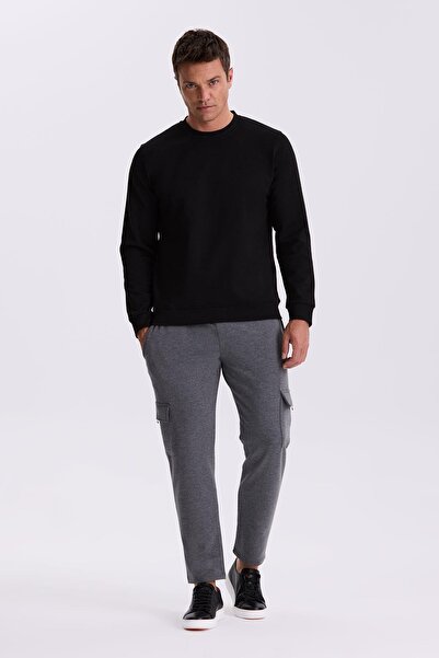 Jakamen Μαύρο φούτερ με λαιμόκοψη με λεπτή εφαρμογή από βαμβακερό λύκρα