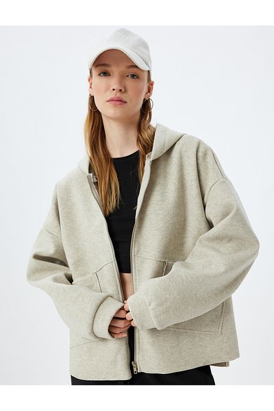 Koton Hooded Oversize Cardigan - Zippered and Pocket Detailed