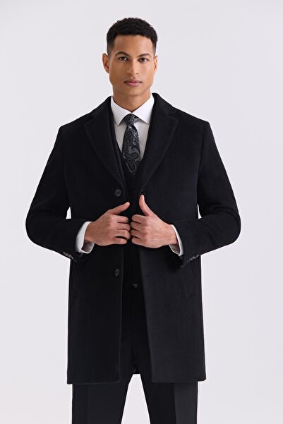 Jakamen Siyah Comfort Fit Mono Yaka Yan Cep Kaşe Kaban