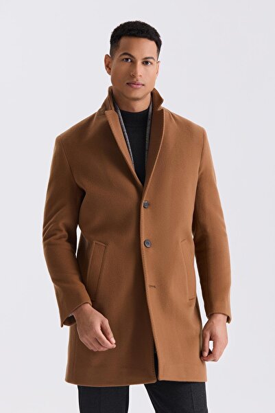 Jakamen Tan Comfort Fit Mono Collar Side Pocket Stamp Coat