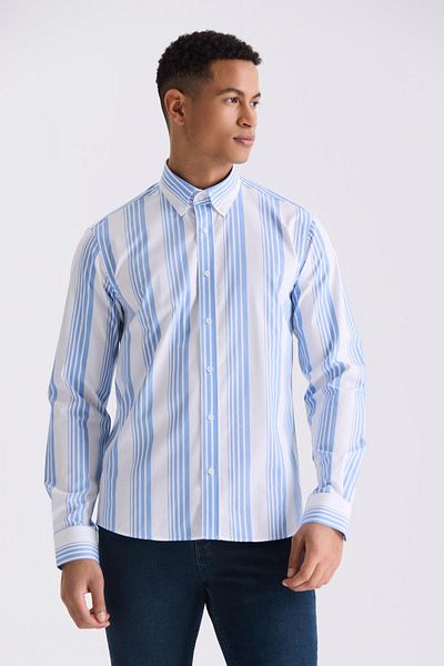 Jakamen Μπλε Slim Fit ριγέ πουκάμισο 100% βαμβάκι