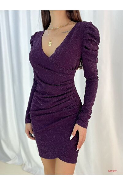 sharin Γυναικείο Μωβ Glitter Princess Μακρυμάνικο Διπλό Γιακά Κρεπ Βραδινό Φόρεμα 6D-2117