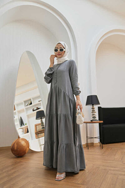 Neways 6646-  Britli Düğmeli Büzgülü Elbise Gri