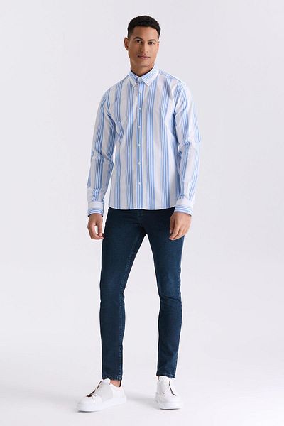 Jakamen Μπλε Slim Fit ριγέ πουκάμισο 100% βαμβάκι
