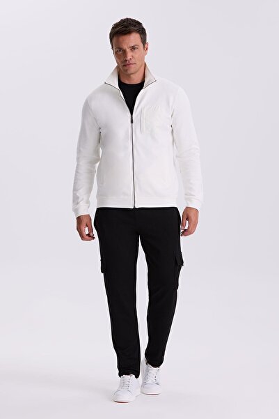 Jakamen Екру Slim Fit суитчър с цип от памук и спандекс