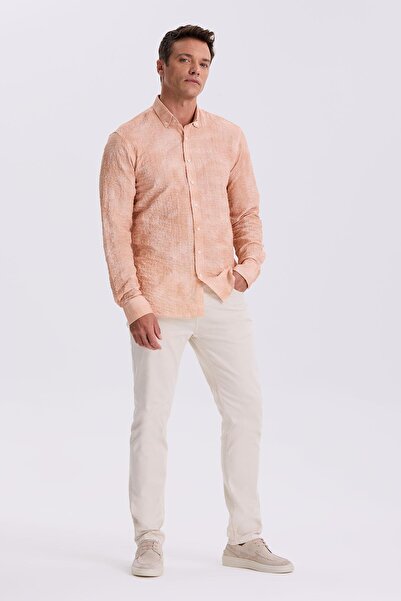 Jakamen Orange Comfort Fit Seersucker Fabric Buttoned Collar Patterned Shirt