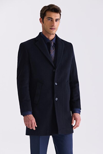 Jakamen Koyu Lacivert Comfort Fit Mono Yaka Yan Cep Kaşe Kaban