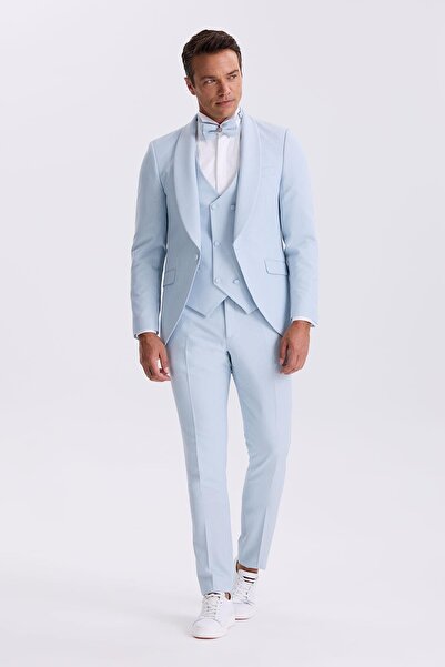 Jakamen Mavi Slim Fit Şal Yaka Yelekli Smokin Damatlık Takım Elbise