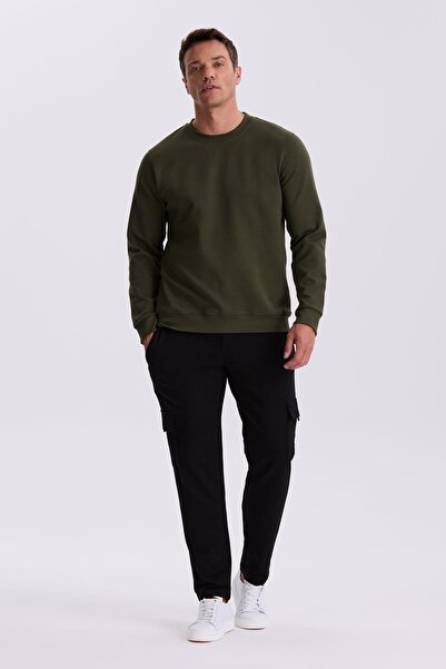 Jakamen Haki Slim Fit Crew Neck Basic памучно-еластично суитшърт