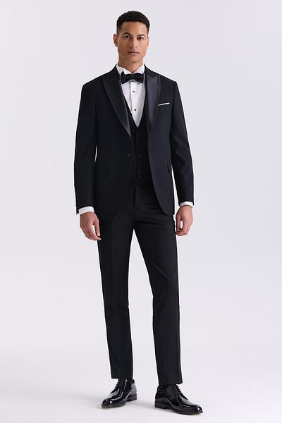 Jakamen Black Slim Fit Men's Tuxedo with Pointed Collar Vest
