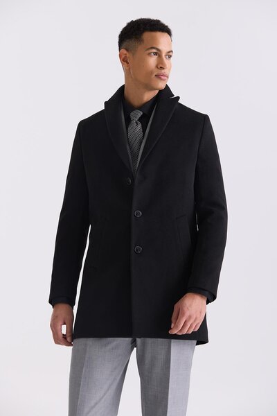 Jakamen Siyah Comfort Fit Sivri Yaka Kaşe Kaban