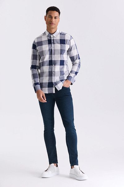 Jakamen Тъмносиня риза Slim Fit с карирани деколтета, 100% памук