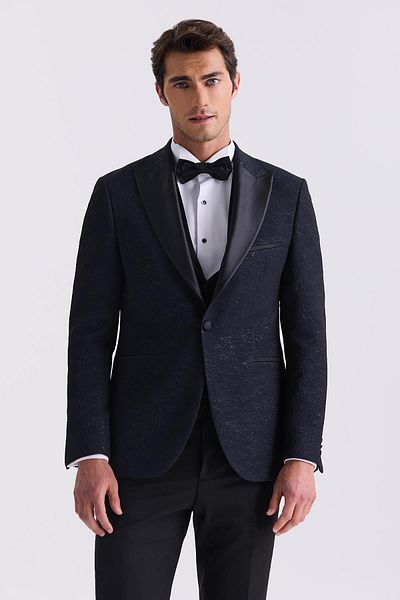 Jakamen Dark Navy Slim Fit Pointed Collar Vest Tuxedo Suit
