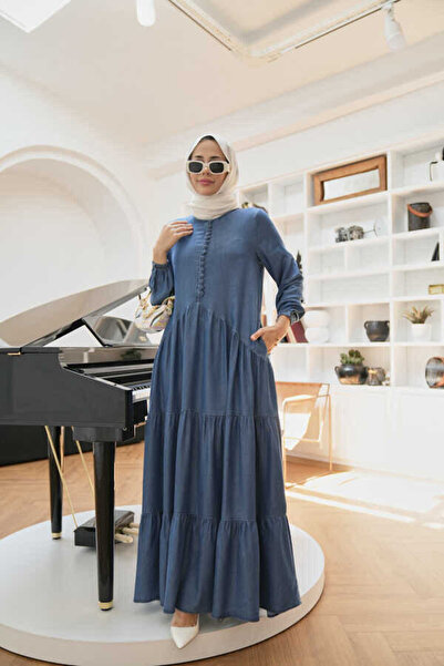 Neways 6646-  Britli Düğmeli Büzgülü Elbise Koyu Mavi