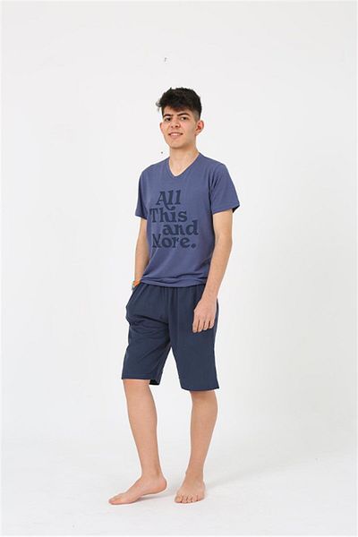 Akbeniz Men's Young Waiter Boy Short Sleeve Navy Blue Combed Cotton Shorts Pajama Set 20377