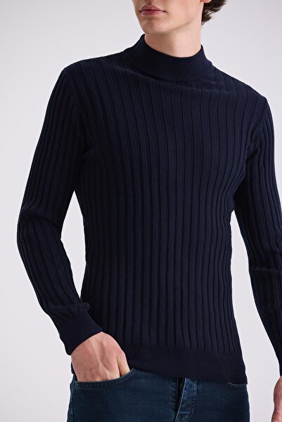 Jakamen Navy Blue Slim Fit Half Fisherman Knitwear Sweater