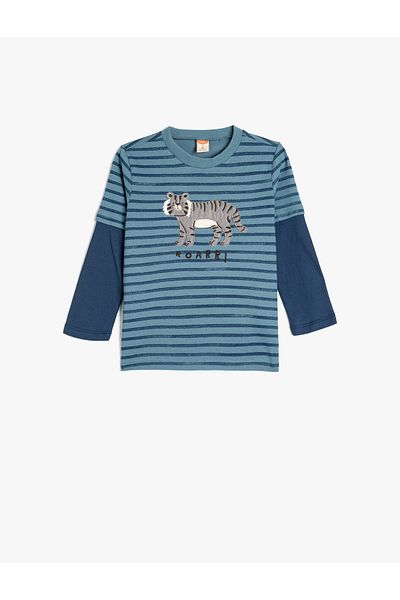 Koton Cotton Long Sleeve - Tiger Embroidered Crew Neck T-Shirt