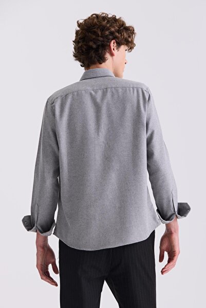 Jakamen Сіра сорочка Slim Fit з ґудзиками на комірі та кишенями з бавовняної тканини