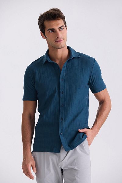 Jakamen Μπλουζάκι με πέτο πουκάμισο με κουμπιά Navy Blue Slim Fit
