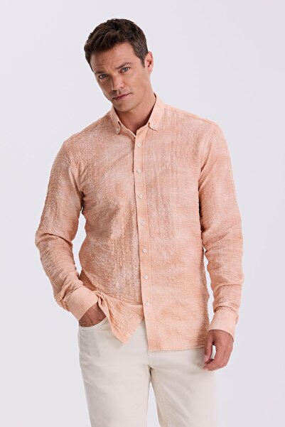 Jakamen Orange Comfort Fit Seersucker Fabric Buttoned Collar Patterned Shirt